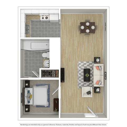 a floor plan of a furnished one bedroom apartment